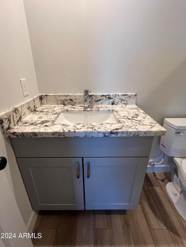 bathroom with vanity, toilet, and hardwood / wood-style flooring