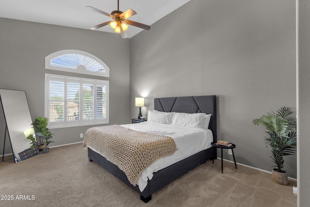 20239 N 39th Dr, Glendale, AZ 85308 - carpeted bedroom with a towering ceiling, baseboards, and ceiling fan