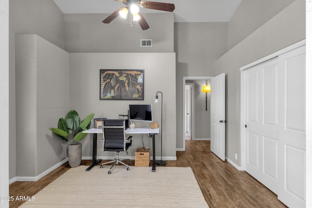 20239 N 39th Dr, Glendale, AZ 85308 - home office featuring wood finished floors, ceiling fan, and baseboards