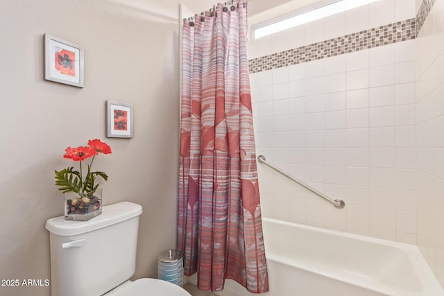 bathroom featuring toilet and shower / bathtub combination with curtain