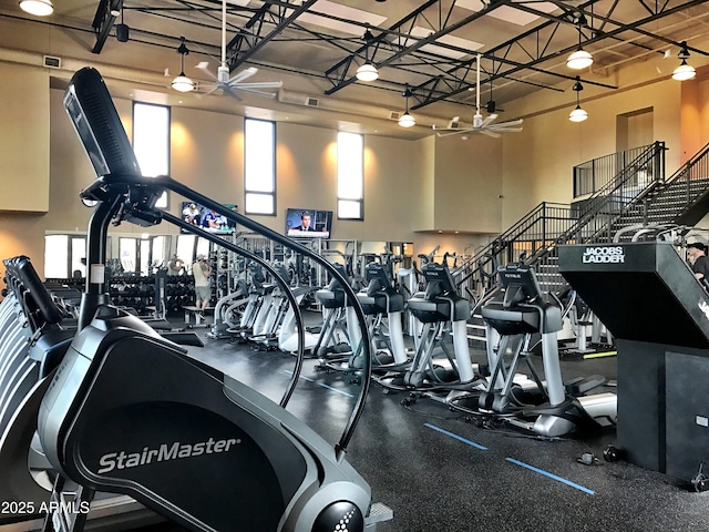 exercise room with a towering ceiling