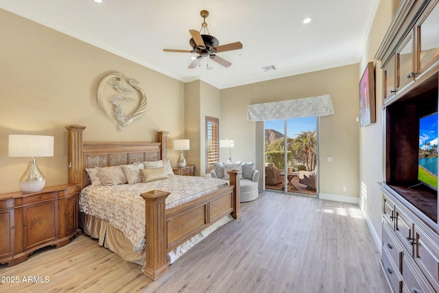 bedroom featuring access to outside, ceiling fan, crown molding, and light hardwood / wood-style floors