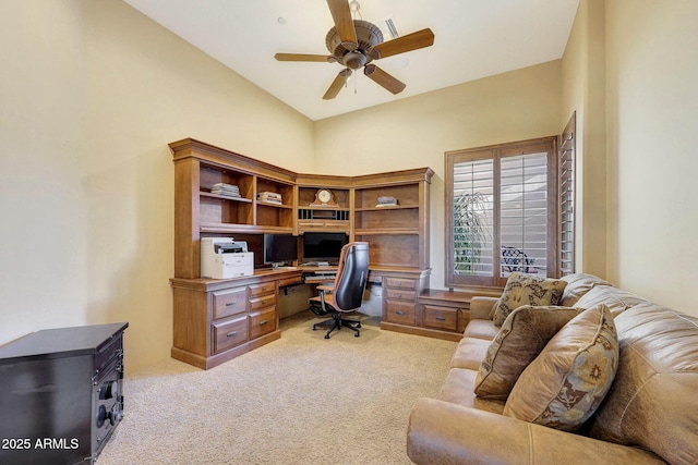 office space featuring light colored carpet and ceiling fan