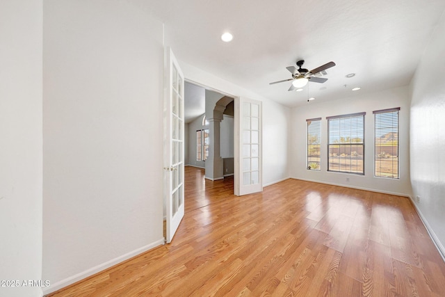 10253 E Indigo Dr, Scottsdale, AZ 85255 - unfurnished room with french doors, a ceiling fan, baseboards, light wood-style flooring, and recessed lighting