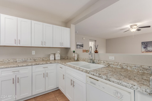 kitchen with white cabinetry, sink, ceiling fan, and white dishwasher