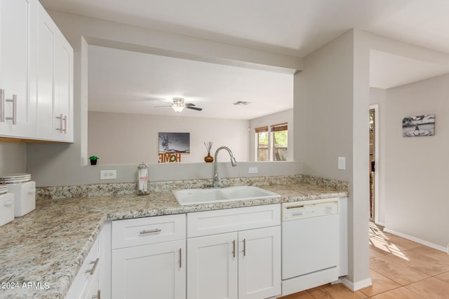 kitchen featuring white cabinets, kitchen peninsula, dishwasher, ceiling fan, and sink