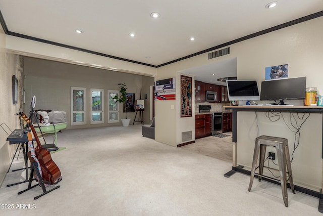 office with crown molding, light carpet, and recessed lighting