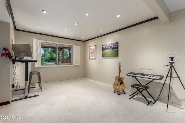 workout area with carpet floors, crown molding, baseboards, and recessed lighting