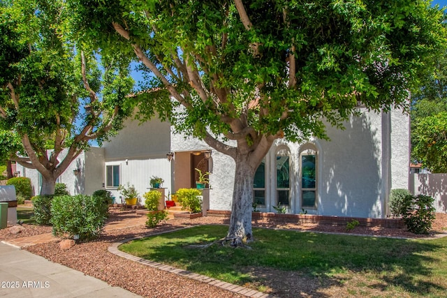 obstructed view of property featuring stucco siding and a front lawn