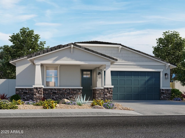 view of front of property with a garage, stone siding, concrete driveway, and stucco siding