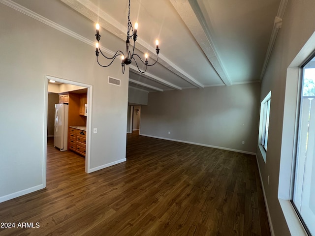 unfurnished room featuring ornamental molding, dark wood-type flooring, a notable chandelier, and beam ceiling