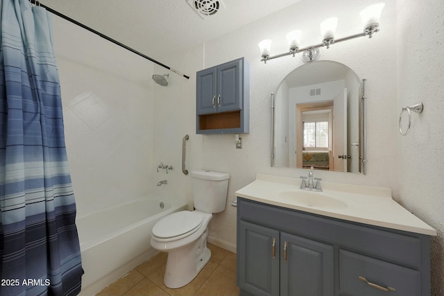 full bathroom with tile patterned flooring, visible vents, toilet, shower / tub combo with curtain, and vanity