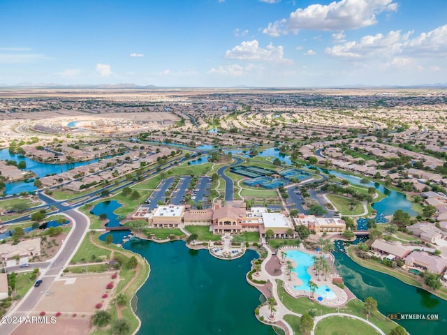 birds eye view of property featuring a residential view and a water view