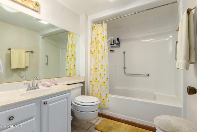 full bathroom with tile patterned flooring, shower / bath combination with curtain, toilet, and vanity