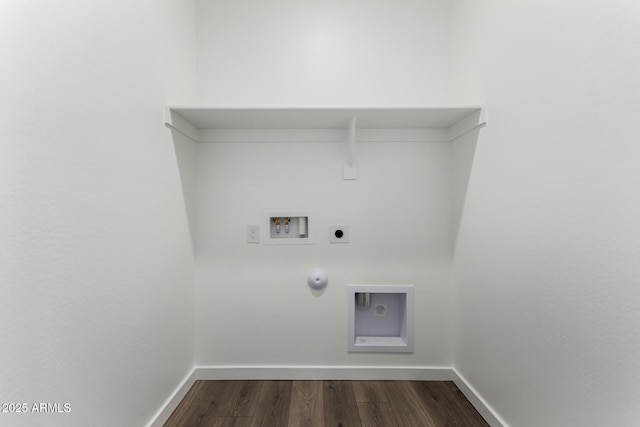 laundry room with dark wood-type flooring, washer hookup, electric dryer hookup, and hookup for a gas dryer