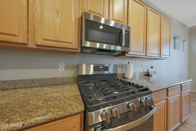 kitchen with stainless steel appliances and light stone counters