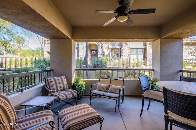 balcony with ceiling fan, outdoor lounge area, and a patio