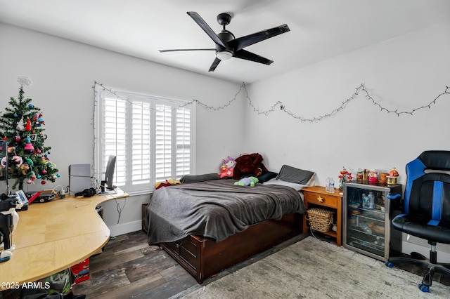 8913 S Forest Ave, Tempe, AZ 85284 - bedroom with wood finished floors, ceiling fan, baseboards, and wine cooler