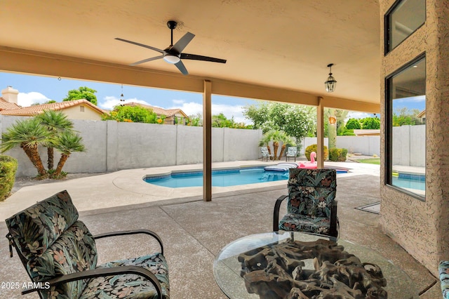 8913 S Forest Ave, Tempe, AZ 85284 - view of swimming pool featuring a patio, a fenced backyard, and a ceiling fan