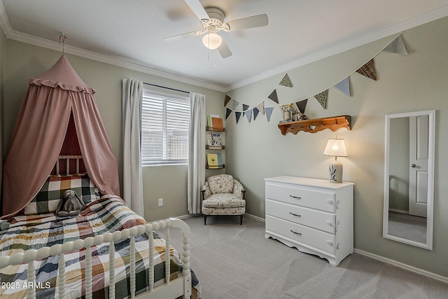 bedroom with ceiling fan, baseboards, light colored carpet, and crown molding