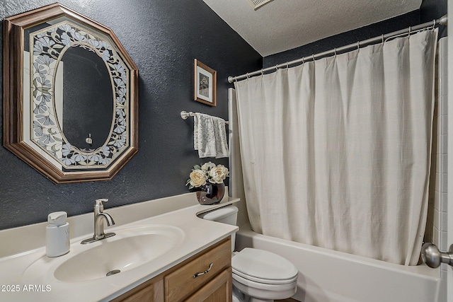 bathroom with shower / bath combo, a textured ceiling, toilet, a textured wall, and vanity