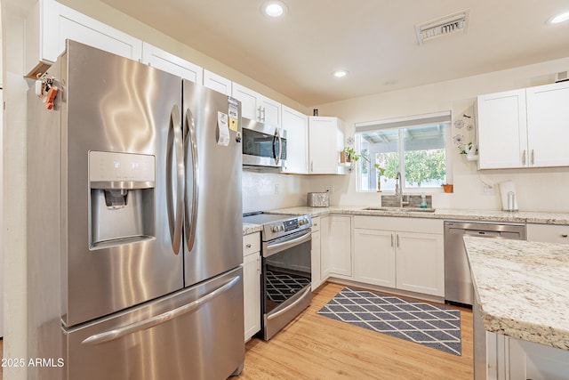 kitchen with sink, white cabinetry, light stone counters, light hardwood / wood-style flooring, and stainless steel appliances