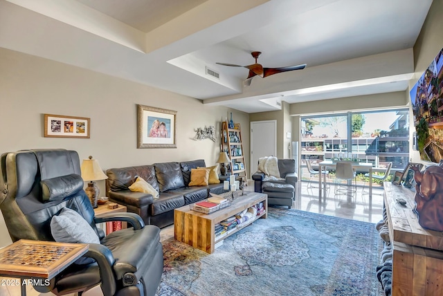 living room with ceiling fan