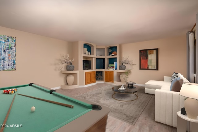 playroom with billiards and light hardwood / wood-style flooring