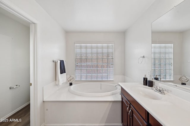 bathroom featuring vanity, a tub to relax in, and a wealth of natural light