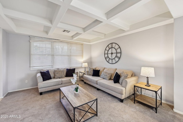 living room with beamed ceiling, coffered ceiling, and light colored carpet