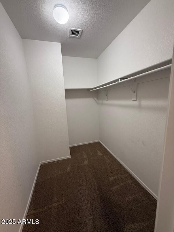 spacious closet featuring dark colored carpet