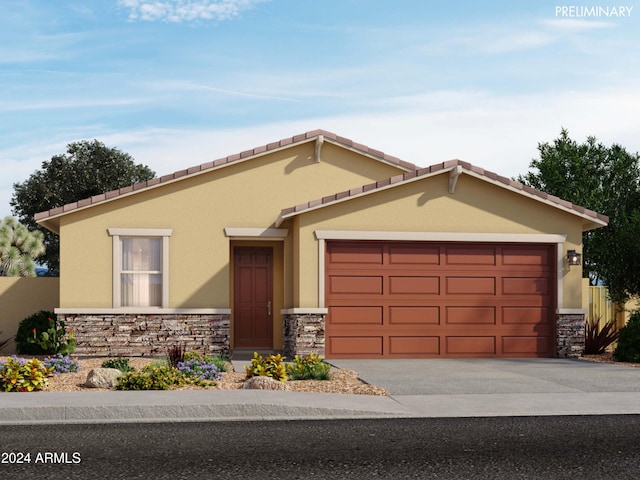 ranch-style house with stone siding, an attached garage, driveway, and stucco siding