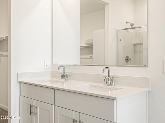 bathroom with double vanity, a stall shower, a spacious closet, and a sink