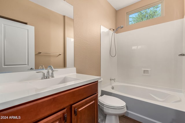 full bathroom with vanity, bathing tub / shower combination, and toilet