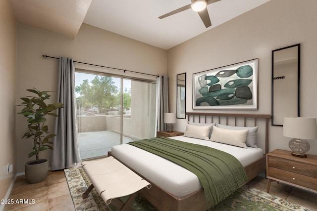205 N 74th St Unit 166, Mesa, AZ 85207 - bedroom with access to outside, tile patterned floors, and a ceiling fan
