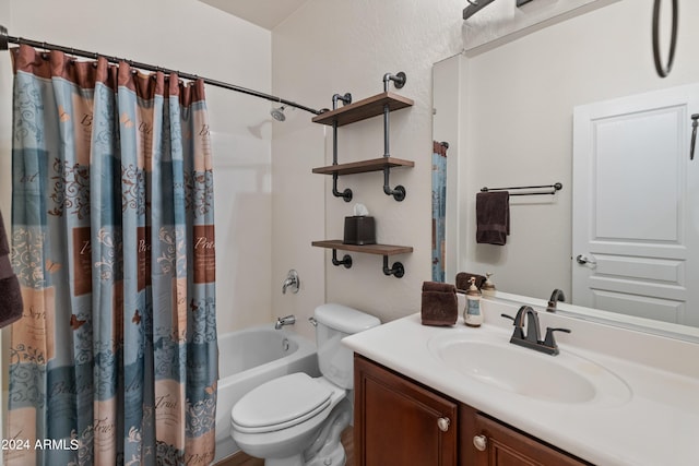 full bathroom with vanity, shower / bathtub combination with curtain, and toilet