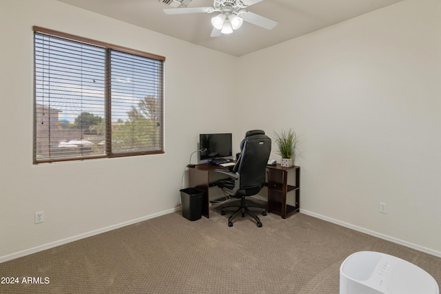 office area with ceiling fan and carpet floors