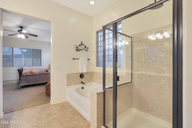 bathroom with ceiling fan, plus walk in shower, and tile patterned floors