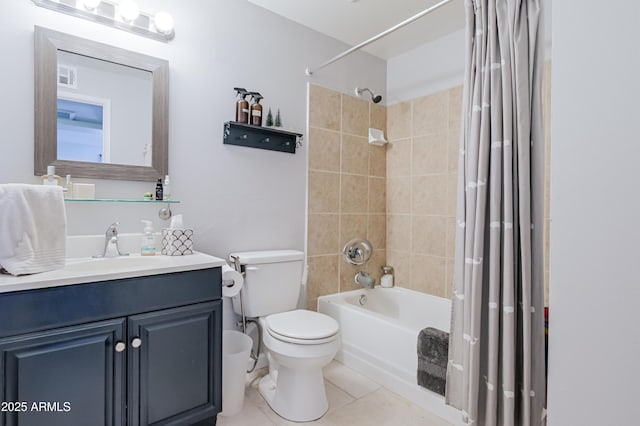 bathroom featuring vanity, visible vents, shower / tub combo, tile patterned floors, and toilet