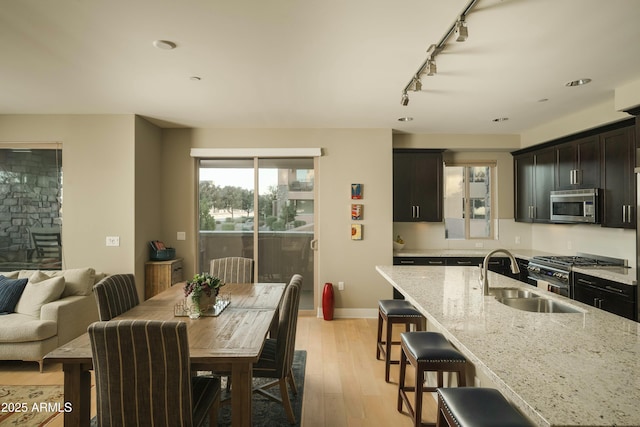 dining area with sink, light wood-type flooring, and track lighting