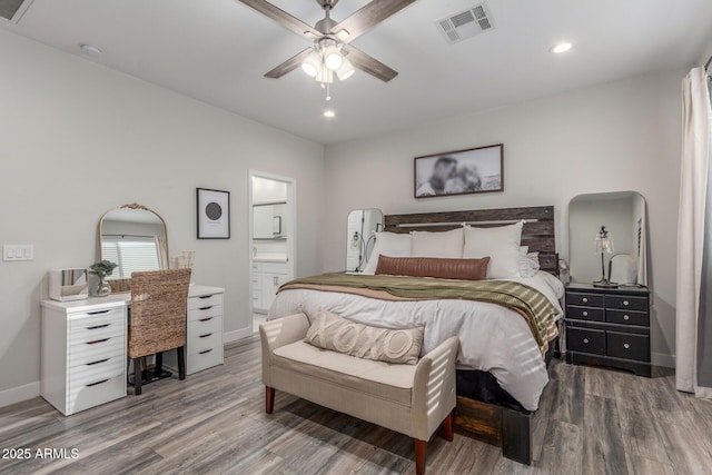4446 W Kimberly Way, Glendale, AZ 85308 - bedroom featuring wood finished floors, baseboards, recessed lighting, ensuite bathroom, and ceiling fan