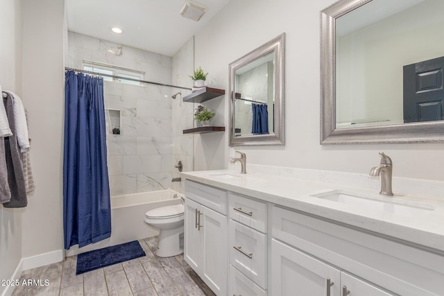4446 W Kimberly Way, Glendale, AZ 85308 - bathroom with toilet, double vanity, shower / tub combo with curtain, and wood finished floors
