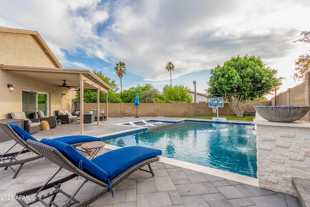 4446 W Kimberly Way, Glendale, AZ 85308 - view of swimming pool with an outdoor hangout area, ceiling fan, a fenced backyard, and a patio