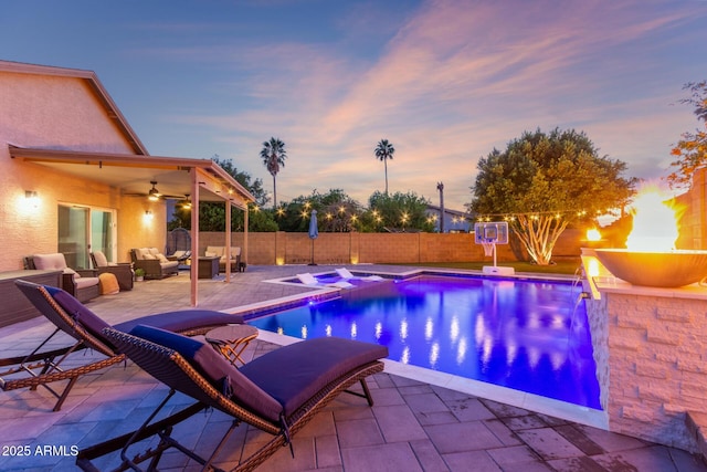 4446 W Kimberly Way, Glendale, AZ 85308 - view of swimming pool featuring a ceiling fan, a fenced backyard, a patio area, outdoor lounge area, and an in-ground hot tub