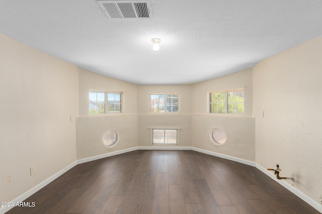 spare room featuring vaulted ceiling and dark wood-type flooring