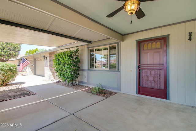 doorway to property with a ceiling fan