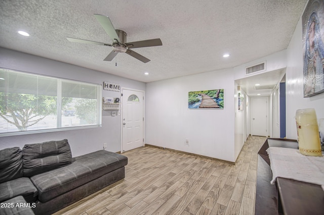 4162 W Sierra St, Phoenix, AZ 85029 - living room featuring a textured ceiling, light wood-style floors, ceiling fan, baseboards, and recessed lighting