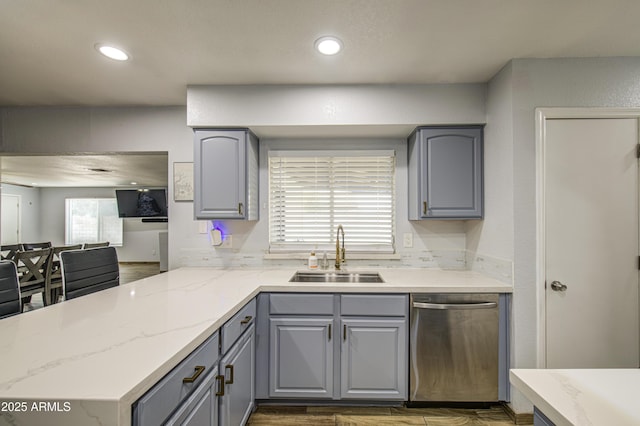 4162 W Sierra St, Phoenix, AZ 85029 - kitchen featuring dishwasher, gray cabinets, a sink, light stone counters, and recessed lighting