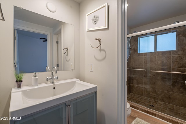 1219 E Colter St Unit 8, Phoenix, AZ 85014 - full bathroom with a stall shower, vanity, toilet, and wood finished floors