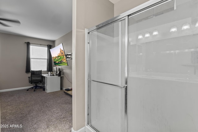 full bath featuring a shower with shower door and baseboards